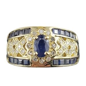 14 Karat Yellow Gold Natural Sapphire and Diamond Ring Size 6.75 #16079